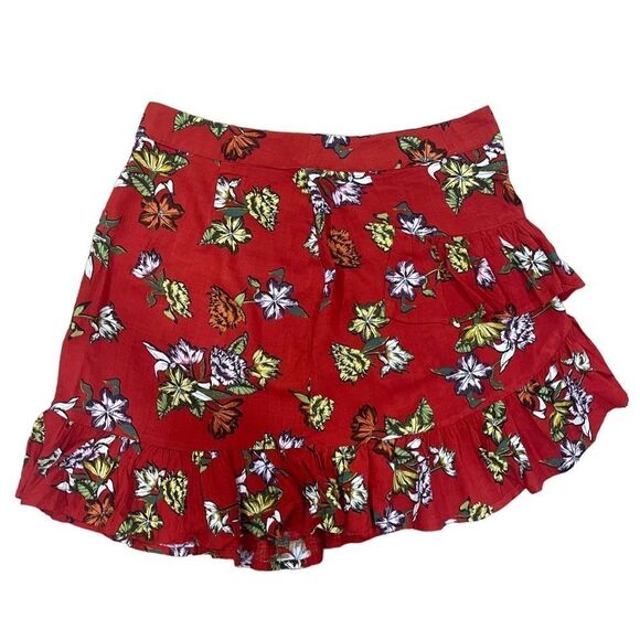 LFT red floral print ruffled mini skirt back zipper sz M - Picture 1 of 9
